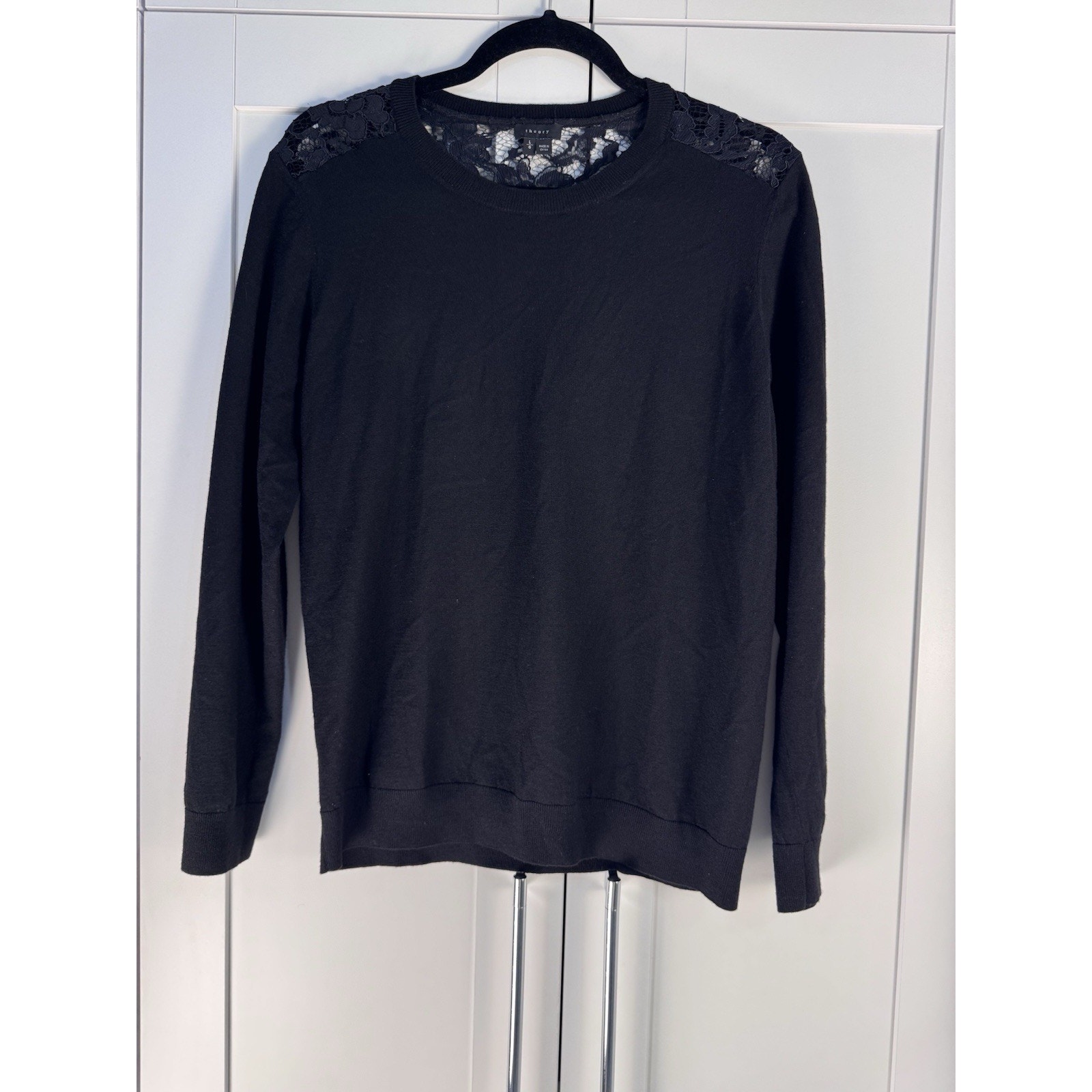 Theory Jaidyn Black Sweater Womens L Wool Lace Back Crewneck Lightweight